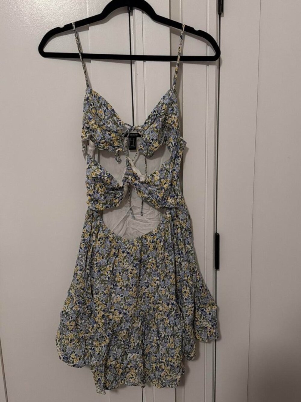 Blue & yellow floral mini dress with tie front